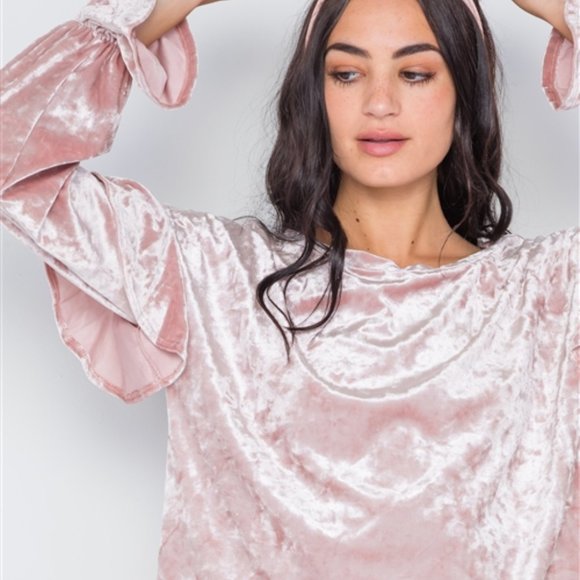 Blush Crushed Velvet Ruffle Sleeve Top - Picture 2 of 4
